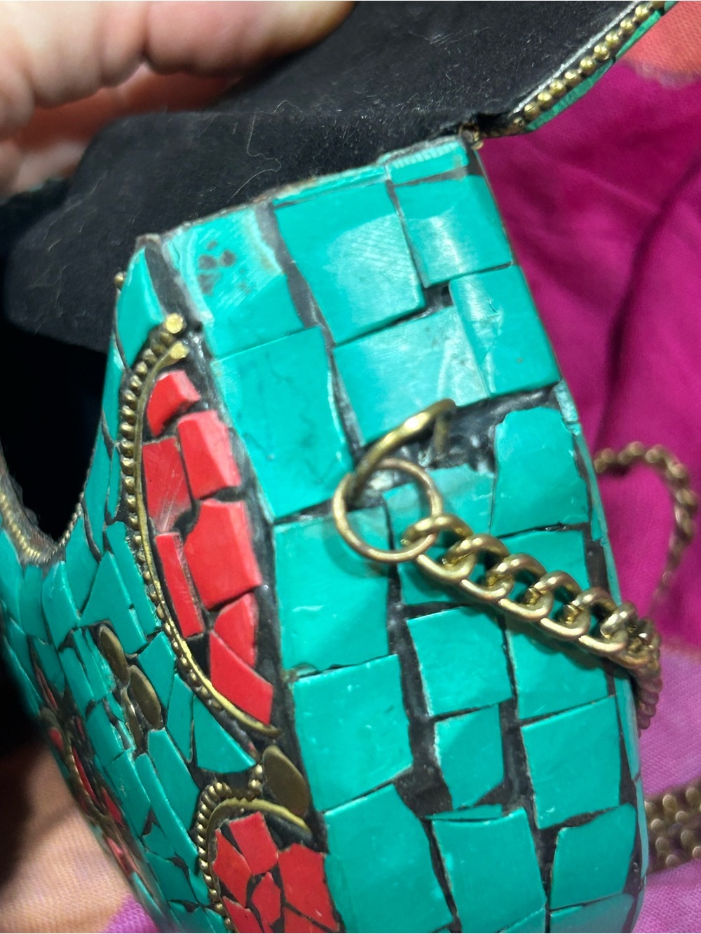 Vintage Turquoise & Red Mosaic Crossbody Tibetan Bag - Picture 12 of 12